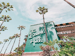 Sign for 'The Beverly Hills' hotel with palm trees in the background