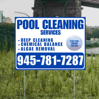 Pool Cleaners - Deep Cleaning Chemical balance Algae Removal with Logo - Blue White Design YardSigns.com