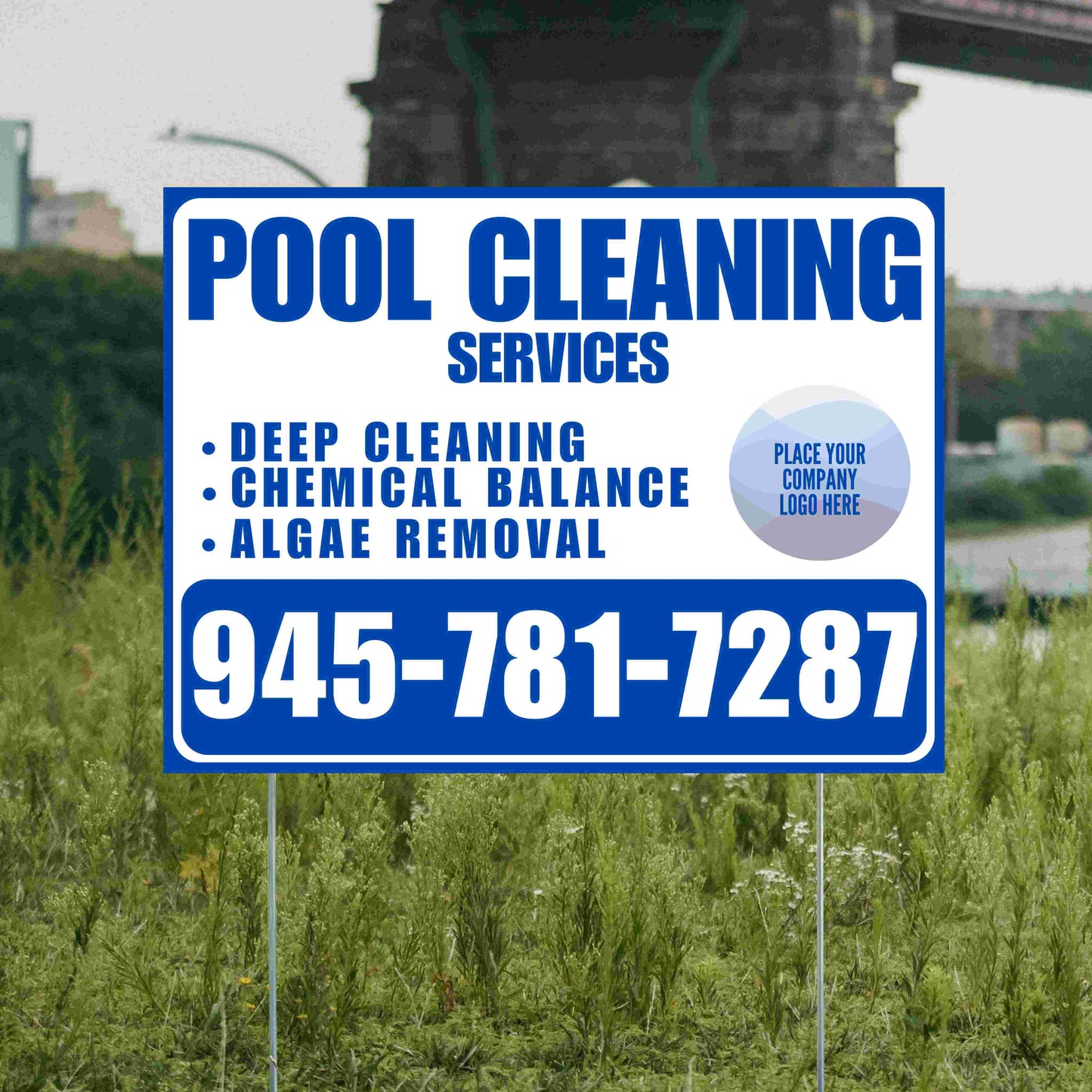 Pool Cleaners - Deep Cleaning Chemical balance Algae Removal with Logo - Blue White Design YardSigns.com