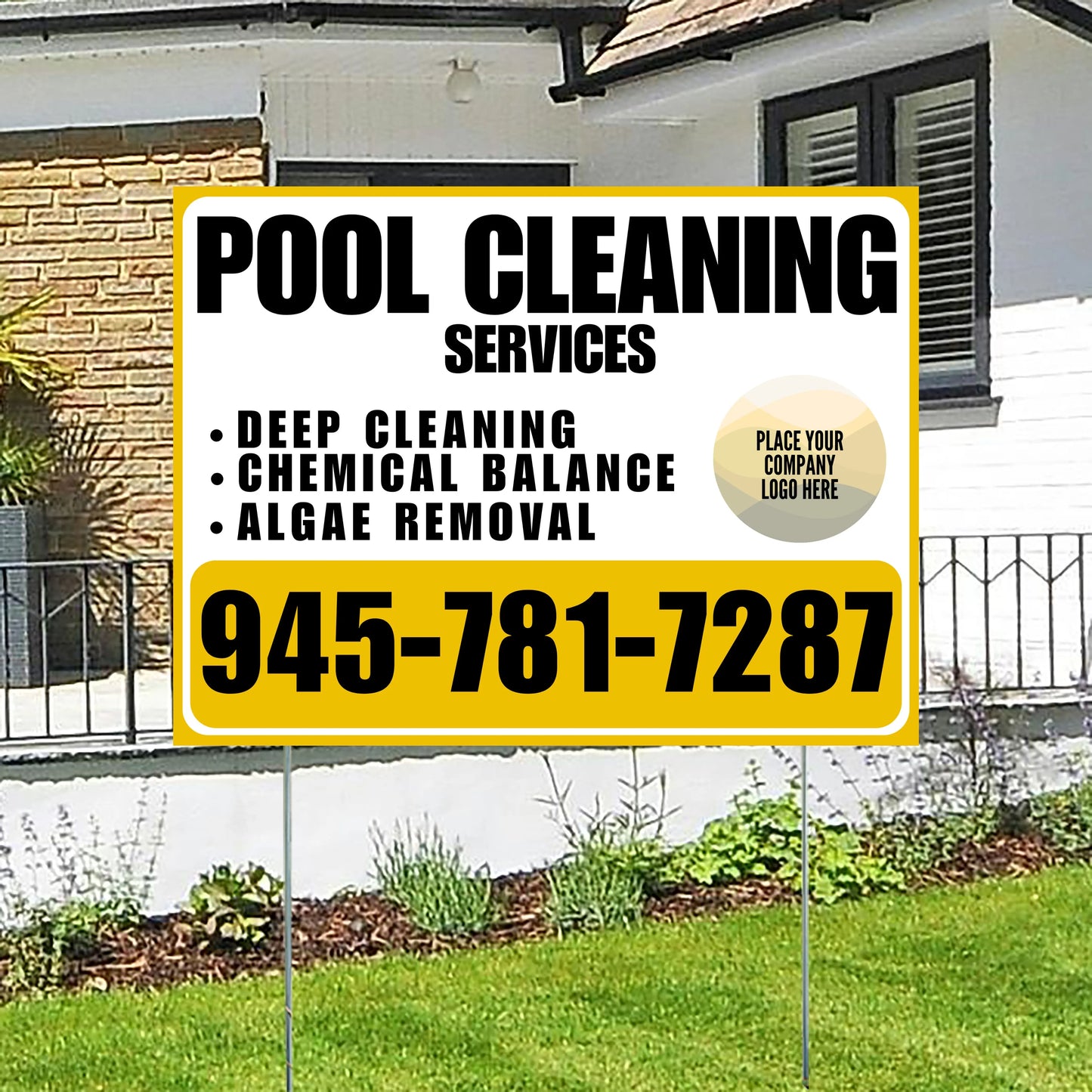 Pool Cleaners - Deep Cleaning Chemical balance Algae Removal with Logo - Mustard Gold White Design YardSigns.com