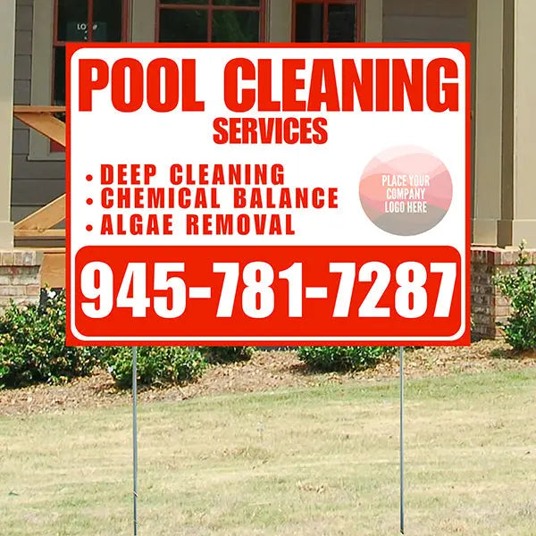 Pool Cleaners - Deep Cleaning Chemical balance Algae Removal with Logo - Chili Red White Design YardSigns.com