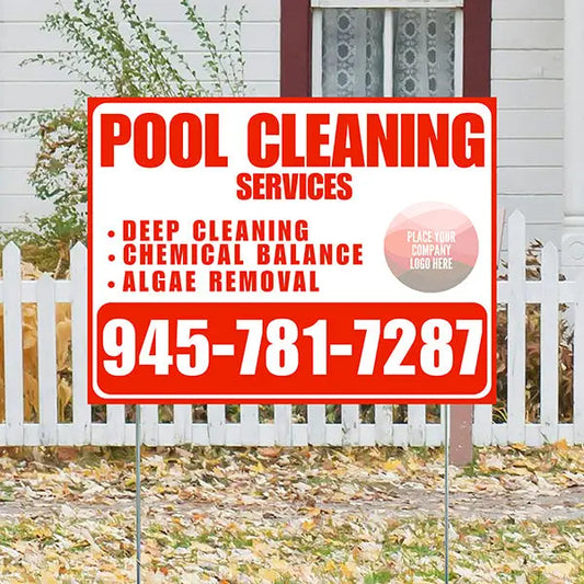 Pool Cleaners - Deep Cleaning Chemical balance Algae Removal with Logo - Chili Red White Design YardSigns.com