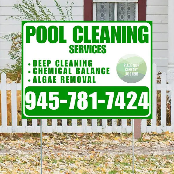 Pool Cleaners - Deep Cleaning Chemical balance Algae Removal with Logo - Green White Design YardSigns.com