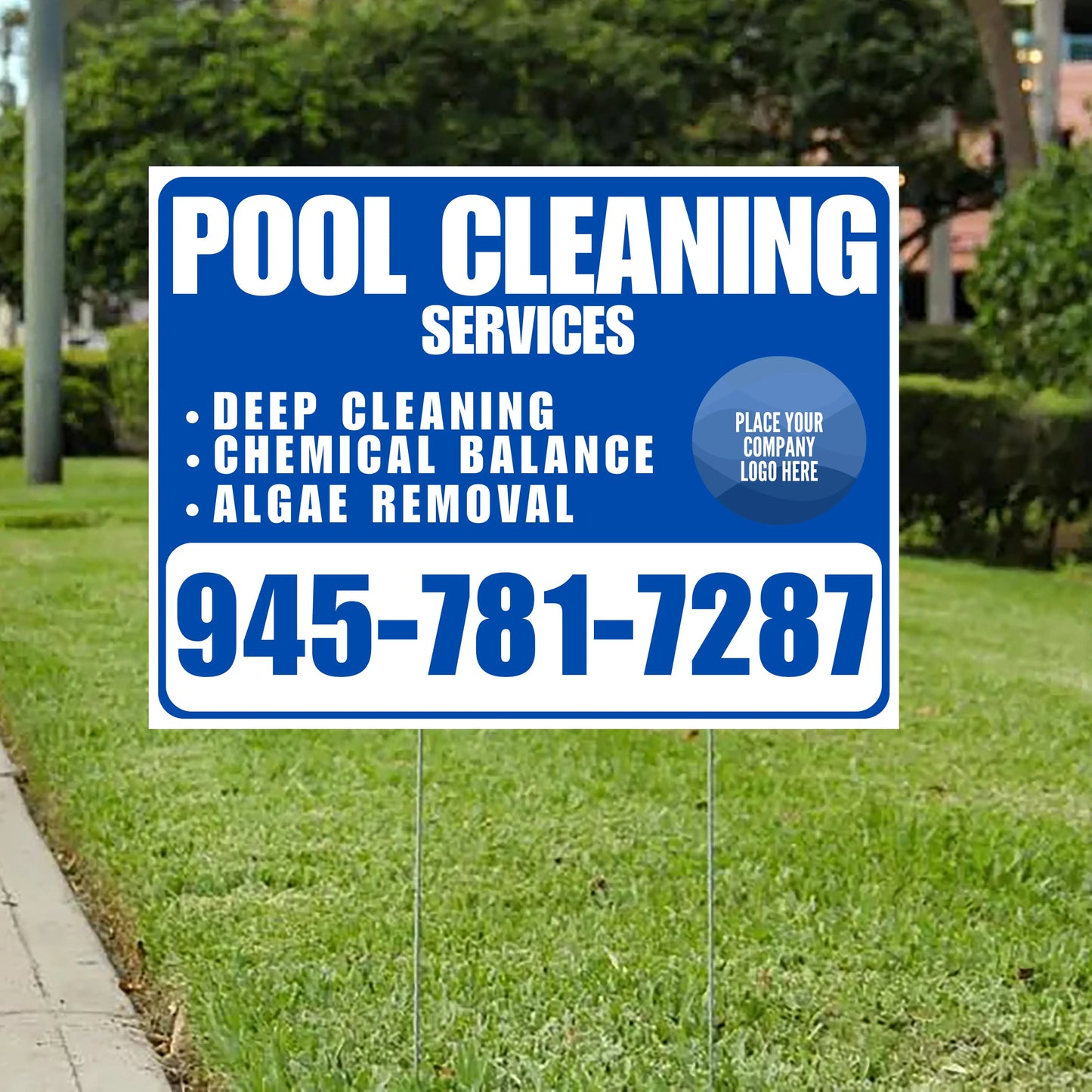 Pool Cleaners - Deep Cleaning Chemical balance Algae Removal with Logo - White Blue Design YardSigns.com