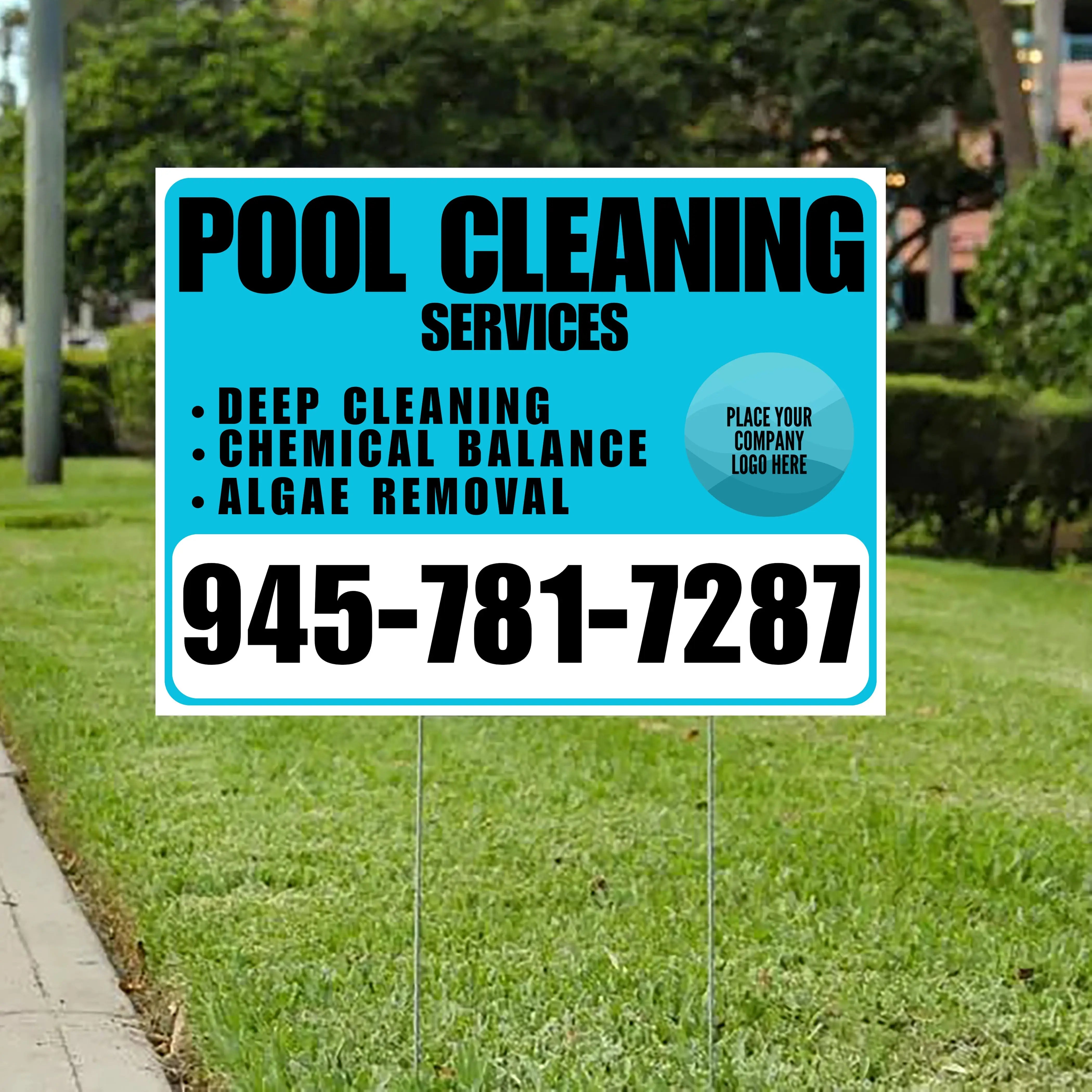 Pool Cleaners - Deep Cleaning Chemical balance Algae Removal with Logo - White Aqua Blue Design YardSigns.com