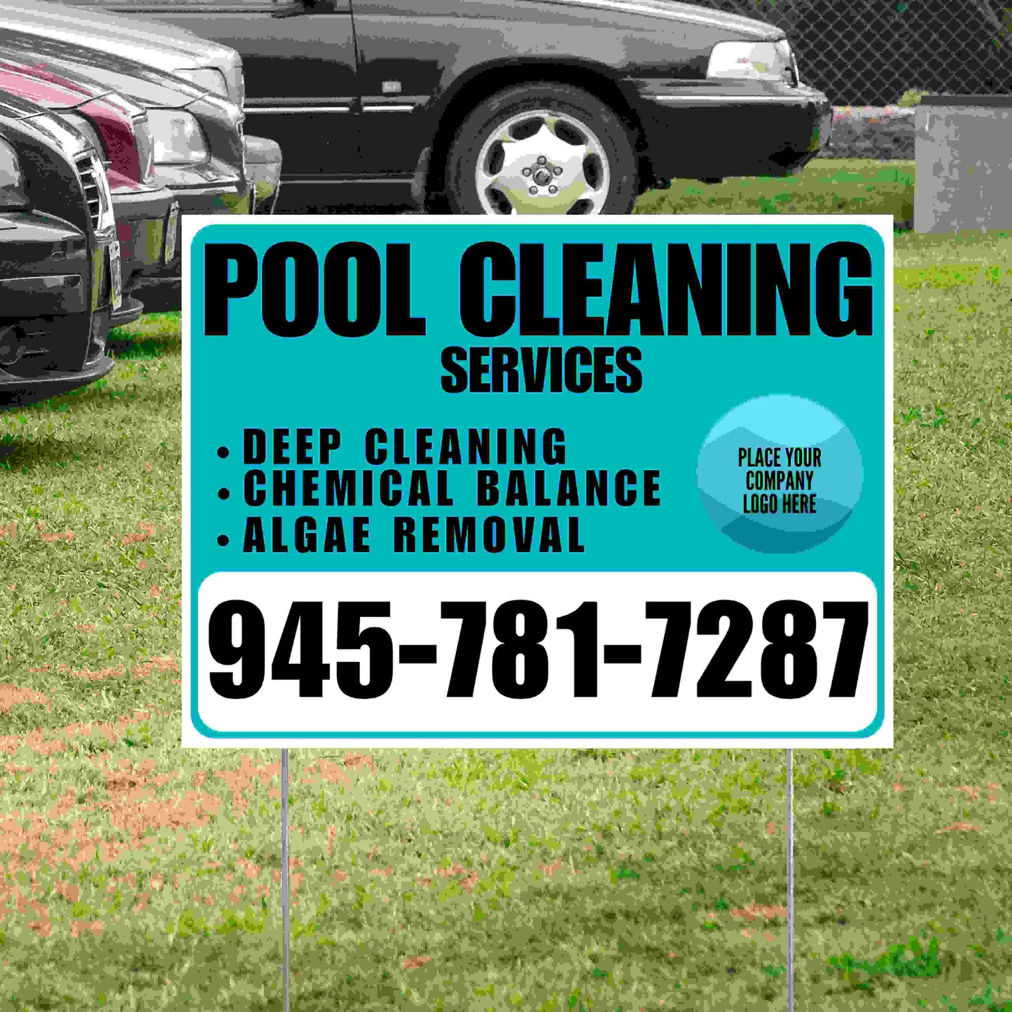 Pool Cleaners - Deep Cleaning Chemical balance Algae Removal with Logo - White Aqua Blue Design YardSigns.com