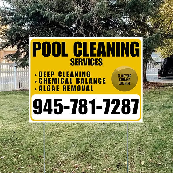 Pool Cleaners - Deep Cleaning Chemical balance Algae Removal with Logo - White Mustard Gold Design YardSigns.com