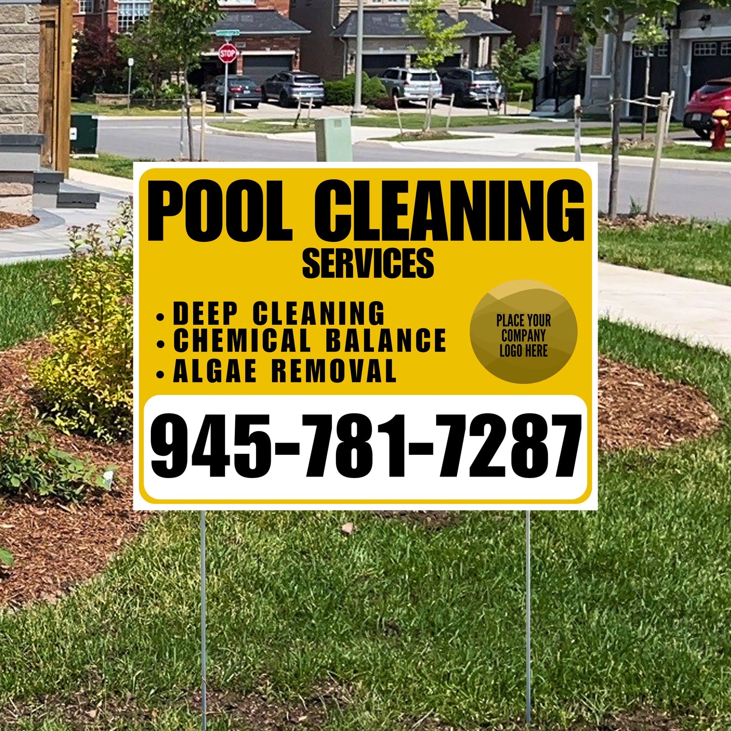 Pool Cleaners - Deep Cleaning Chemical balance Algae Removal with Logo - White Mustard Gold Design YardSigns.com
