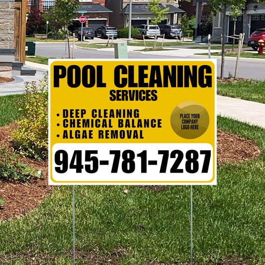 Pool Cleaners - Deep Cleaning Chemical balance Algae Removal with Logo - White Mustard Gold Design YardSigns.com