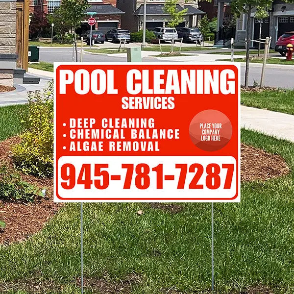 Pool Cleaners - Deep Cleaning Chemical balance Algae Removal with Logo - White Chili Red Design YardSigns.com