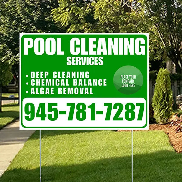 Pool Cleaners - Deep Cleaning Chemical balance Algae Removal with Logo - White Green Design YardSigns.com