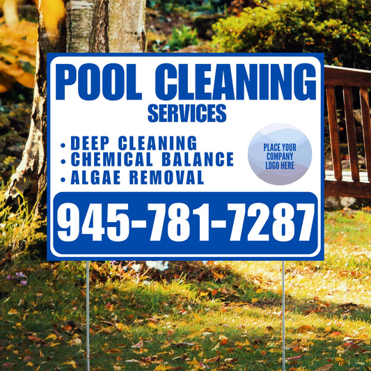 Pool Cleaners - Deep Cleaning Chemical balance Algae Removal with Logo - Blue White Design YardSigns.com