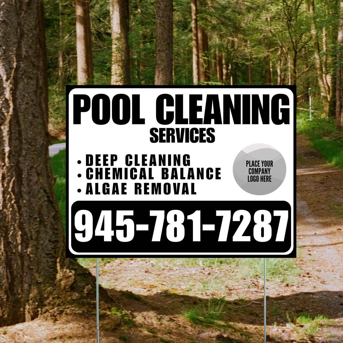 Pool Cleaners - Deep Cleaning Chemical balance Algae Removal with Logo - Black White Design YardSigns.com