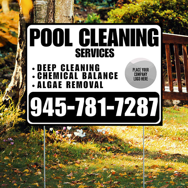 Pool Cleaners - Deep Cleaning Chemical balance Algae Removal with Logo - Black White Design - YardSigns.com