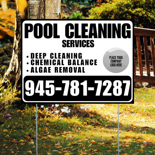 Pool Cleaners - Deep Cleaning Chemical balance Algae Removal with Logo - Black White Design YardSigns.com