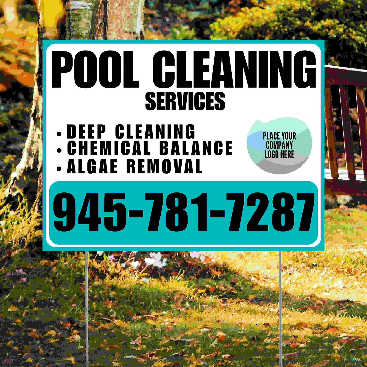 Pool Cleaners - Deep Cleaning Chemical balance Algae Removal with Logo - Aqua Blue White Design YardSigns.com