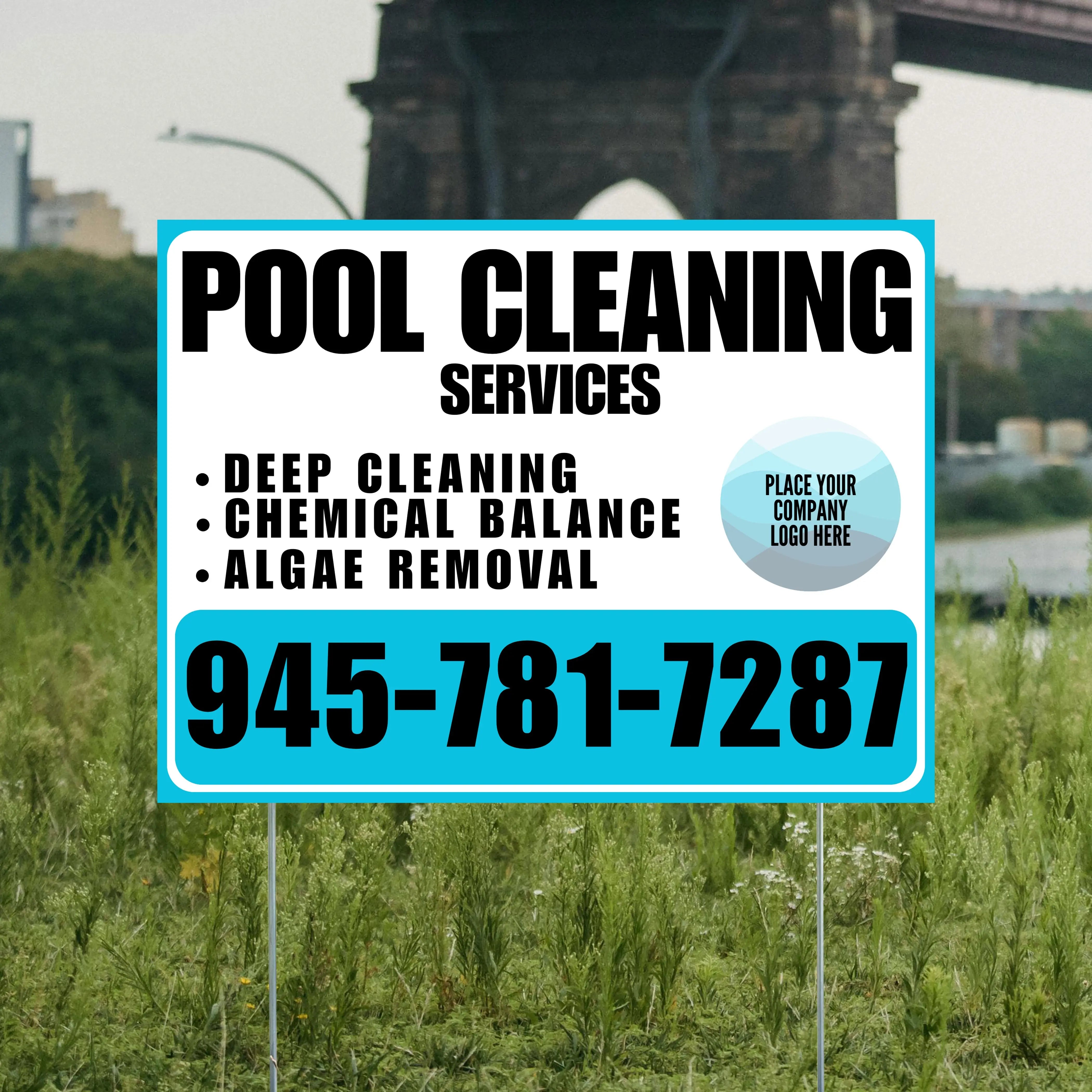 Pool Cleaners - Deep Cleaning Chemical balance Algae Removal with Logo - Aqua Blue White Design YardSigns.com