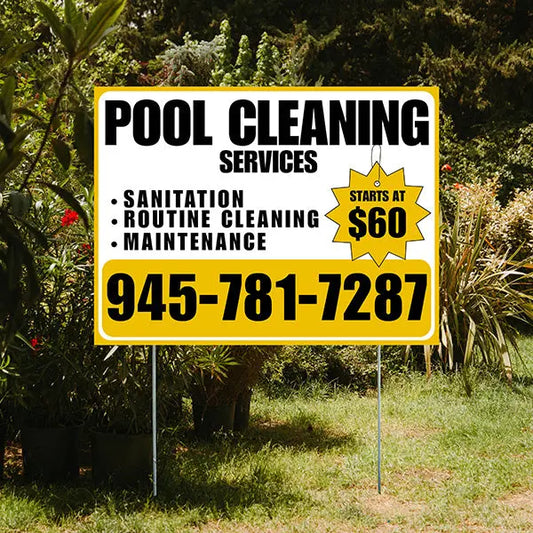 Pool Cleaners - Sanitation Routine Cleaning Maintenance with Price Tag - White Mustard Gold Design YardSigns.com