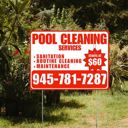 Pool Cleaners - Sanitation Routine Cleaning Maintenance with Price Tag - White Chili Red Design YardSigns.com