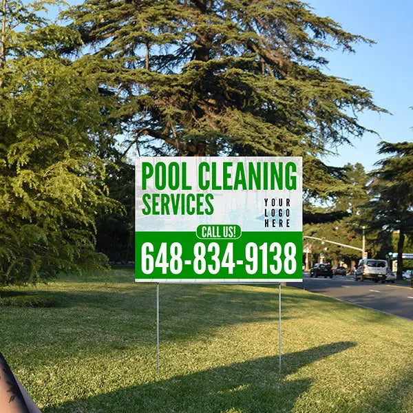 Pool Cleaners - Sanitation Routine Cleaning Maintenance with Price Tag - White Green Design YardSigns.com