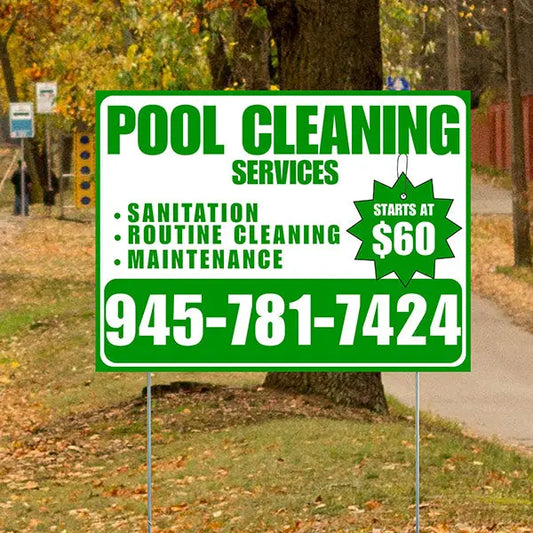 Pool Cleaners - Sanitation Routine Cleaning Maintenance with Price Tag - White Green Design YardSigns.com