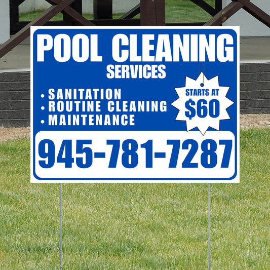 Pool Cleaners - Sanitation Routine Cleaning Maintenance with Price Tag - Aqua Blue White Design YardSigns.com