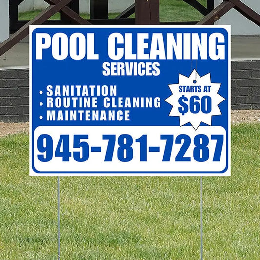 Pool Cleaners - Sanitation Routine Cleaning Maintenance with Price Tag - Blue White Design YardSigns.com