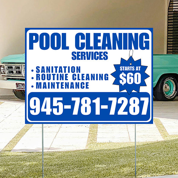 Pool Cleaners - Sanitation Routine Cleaning Maintenance with Price Tag - Blue White Design - YardSigns.com
