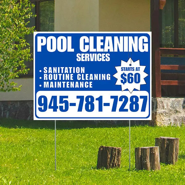 Pool Cleaners - Sanitation Routine Cleaning Maintenance with Price Tag - Aqua Blue White Design YardSigns.com