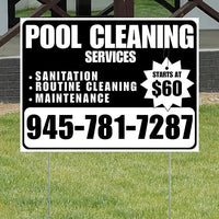 Pool Cleaners - Sanitation Routine Cleaning Maintenance with Price Tag - Black White Design YardSigns.com