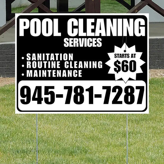 Pool Cleaners - Sanitation Routine Cleaning Maintenance with Price Tag - Black White Design YardSigns.com