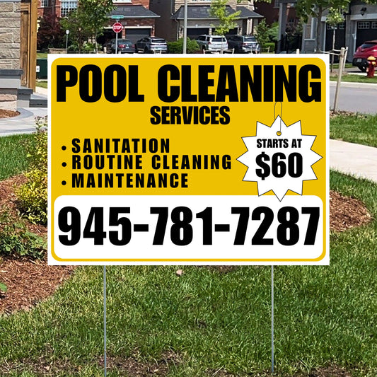 Pool Cleaners - Sanitation Routine Cleaning Maintenance with Price Tag - Mustard Gold White Design YardSigns.com