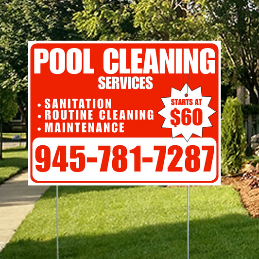 Pool Cleaners - Sanitation Routine Cleaning Maintenance with Price Tag - Chili Red White Design YardSigns.com