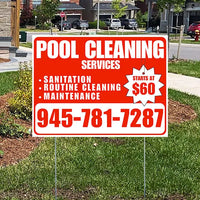 Pool Cleaners - Sanitation Routine Cleaning Maintenance with Price Tag - Chili Red White Design YardSigns.com