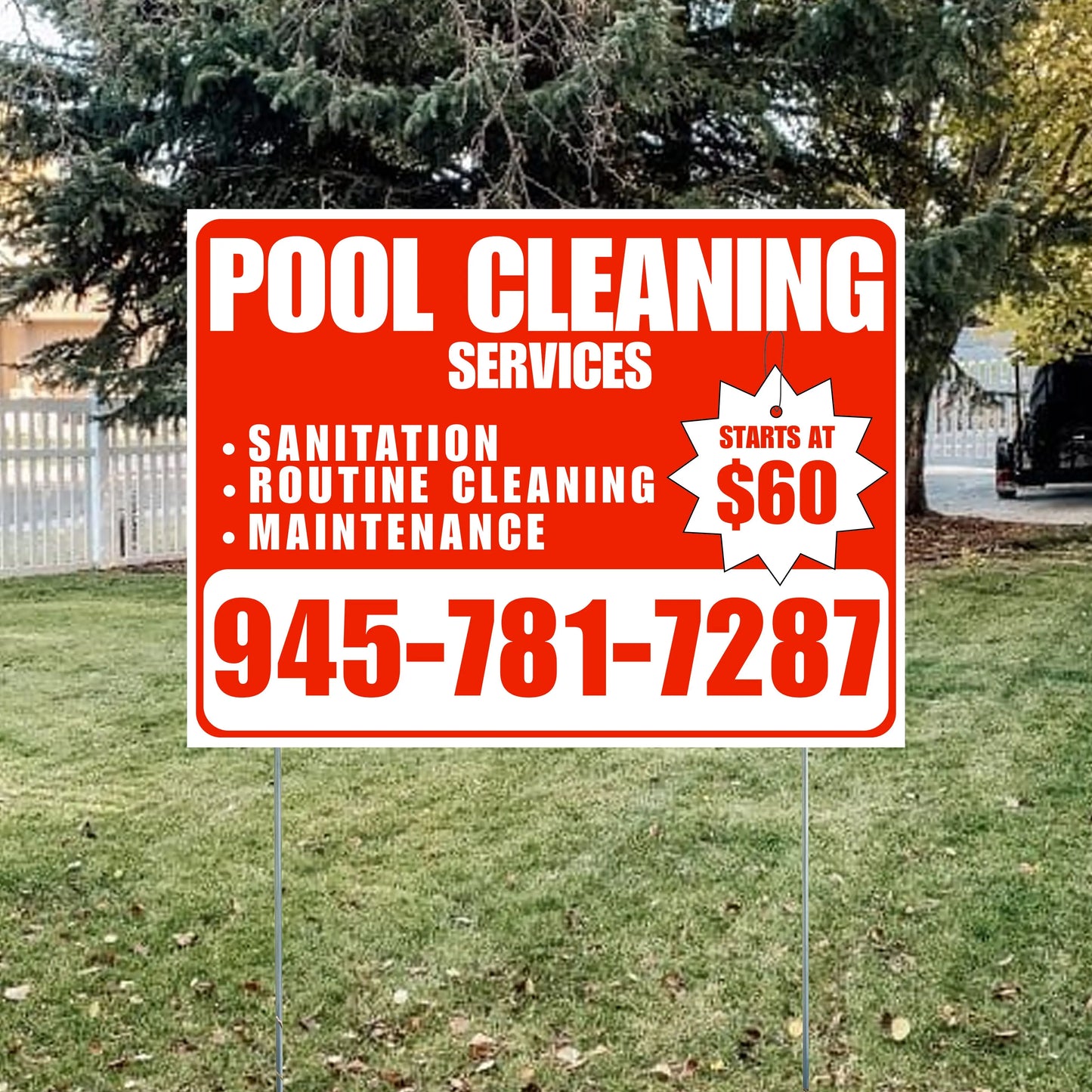Pool Cleaners - Sanitation Routine Cleaning Maintenance with Price Tag - Chili Red White Design YardSigns.com