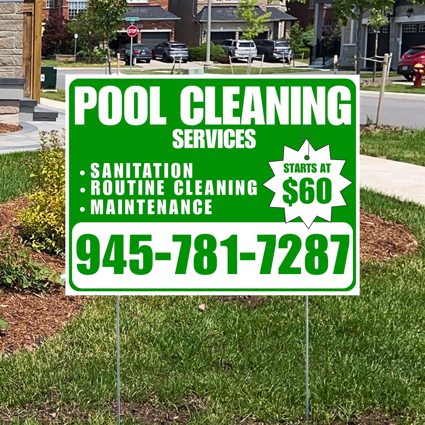 Pool Cleaners - Sanitation Routine Cleaning Maintenance with Price Tag - Green White Design YardSigns.com