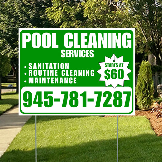 Pool Cleaners - Sanitation Routine Cleaning Maintenance with Price Tag - Green White Design YardSigns.com