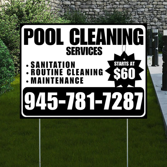 Pool Cleaners - Sanitation Routine Cleaning Maintenance with Price Tag - White Black Design YardSigns.com