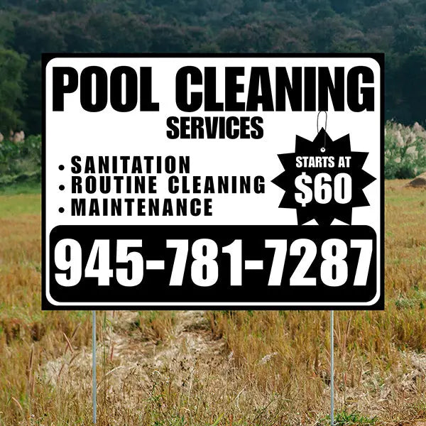 Pool Cleaners - Sanitation Routine Cleaning Maintenance with Price Tag - White Black Design YardSigns.com