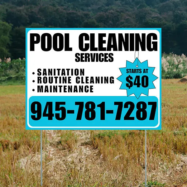Pool Cleaners - Sanitation Routine Cleaning Maintenance with Price Tag - White Blue Design YardSigns.com