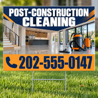Cleaners/Maids Signs - Post-Construction Cleaning Yard Sign - Navy & Orange - 24 x 18 YardSigns.com