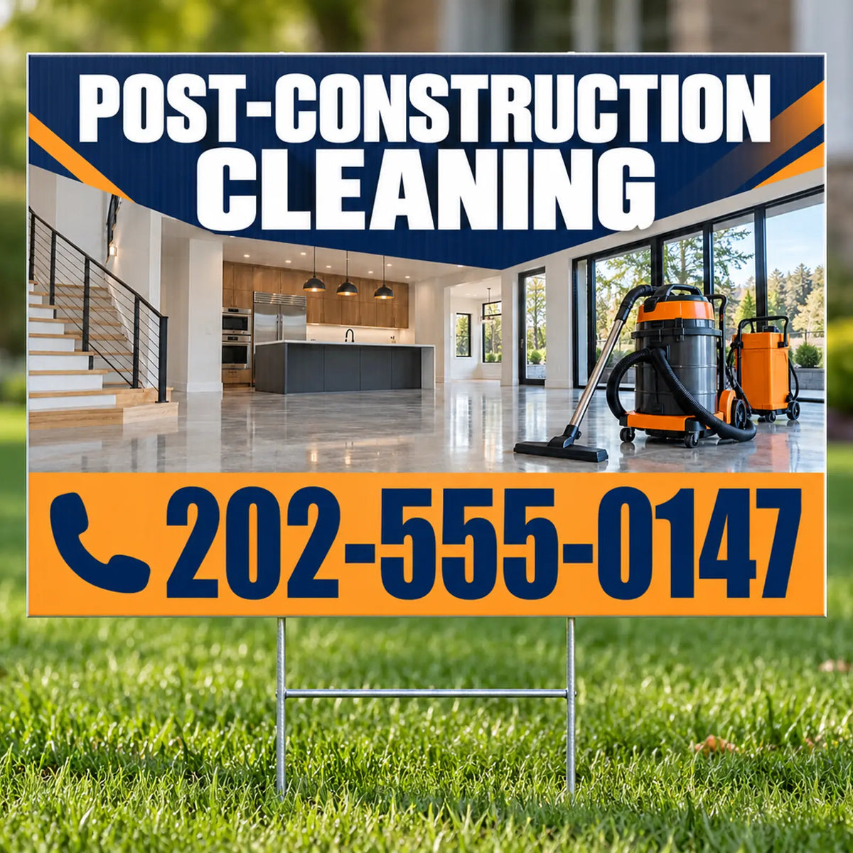 Cleaners/Maids Signs - Post-Construction Cleaning Yard Sign - Navy & Orange - 24 x 18 YardSigns.com
