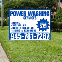 Power Washing - Decks, Sidewalks, Siding, Gutter Cleaning and Exteriors with Price Tag - Plain White Blue Design YardSigns.com