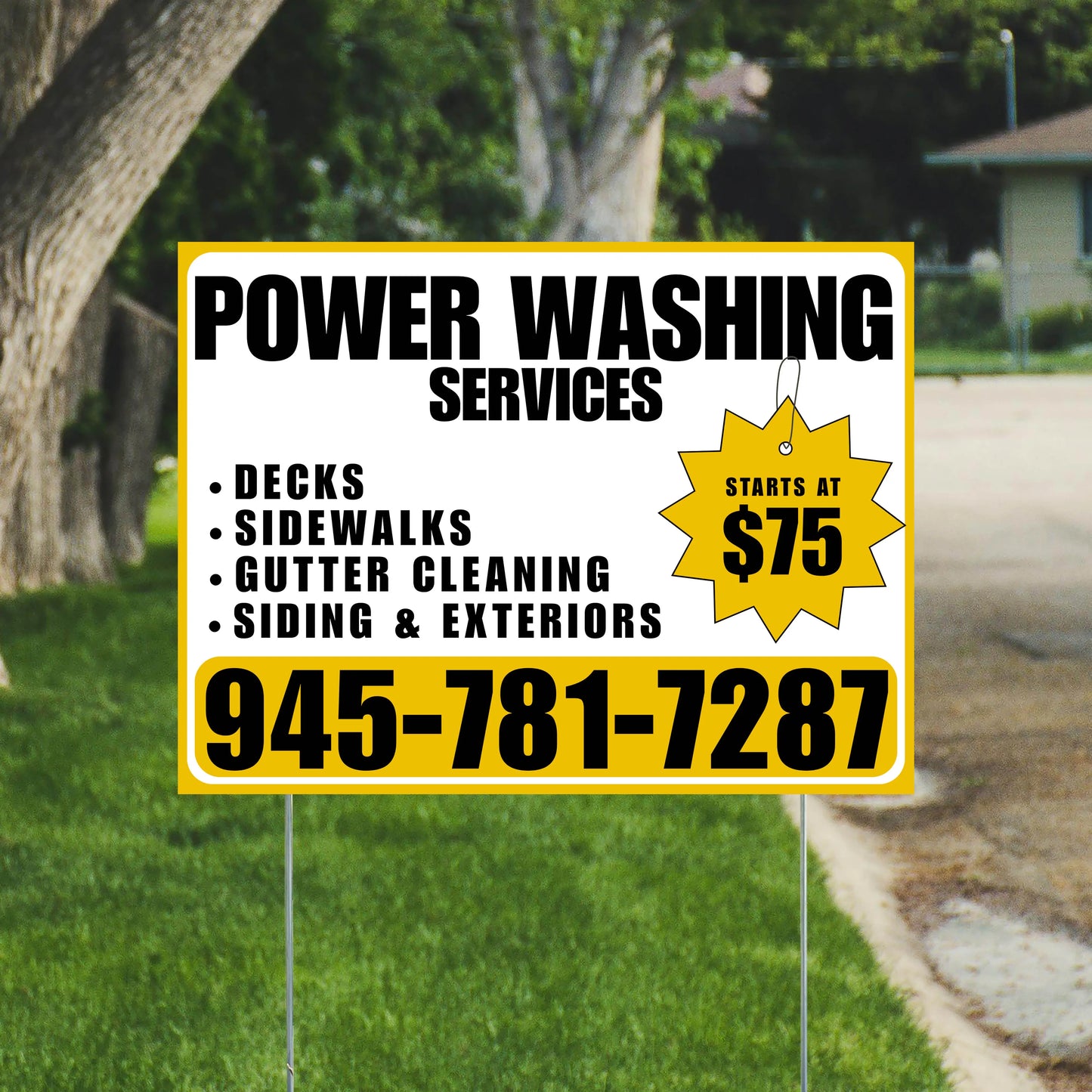 Power Washing - Decks, Sidewalks, Siding, Gutter Cleaning and Exteriors with Price Tag - Plain Mustard Gold White Design YardSigns.com