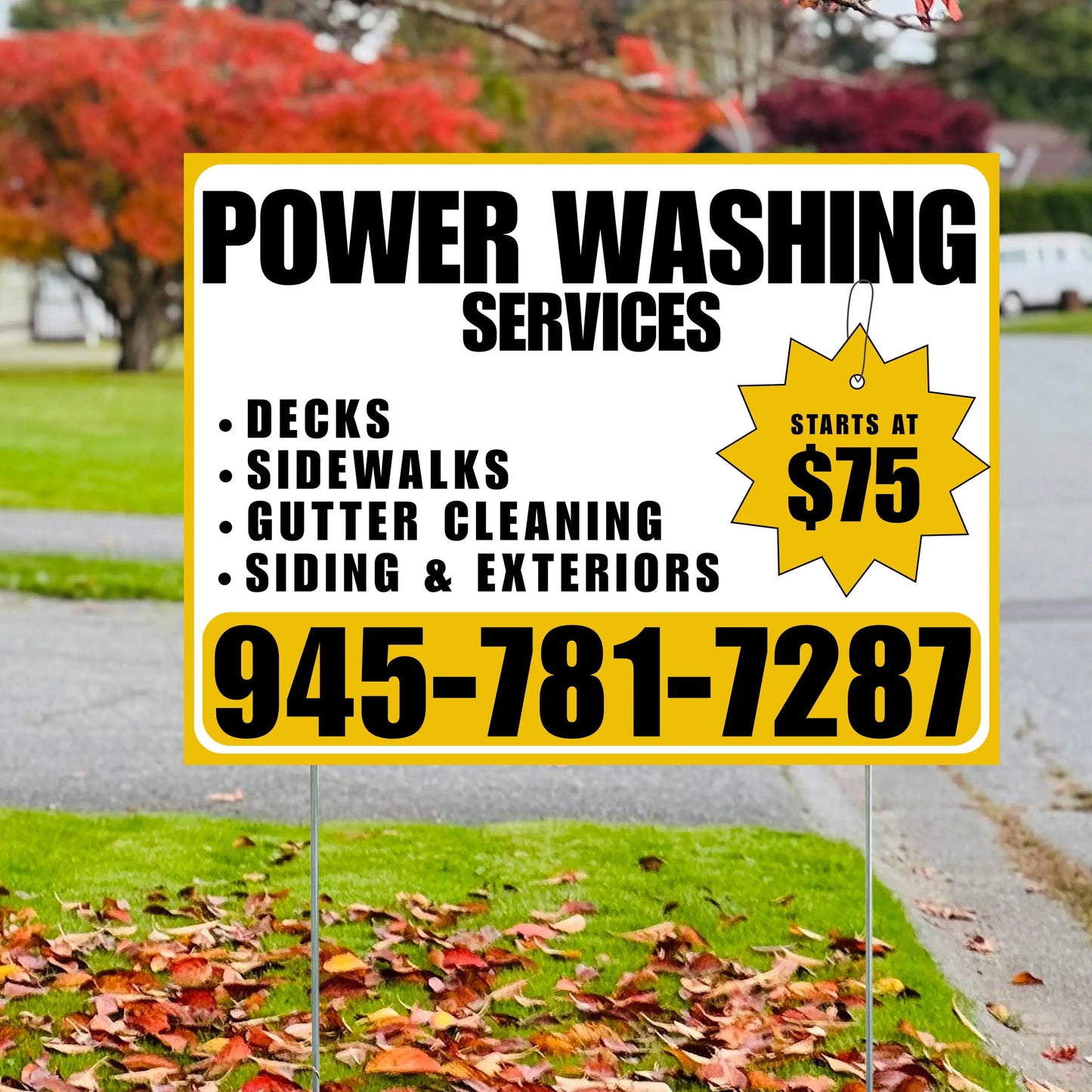 Power Washing - Decks, Sidewalks, Siding, Gutter Cleaning and Exteriors with Price Tag - Plain Mustard Gold White Design YardSigns.com
