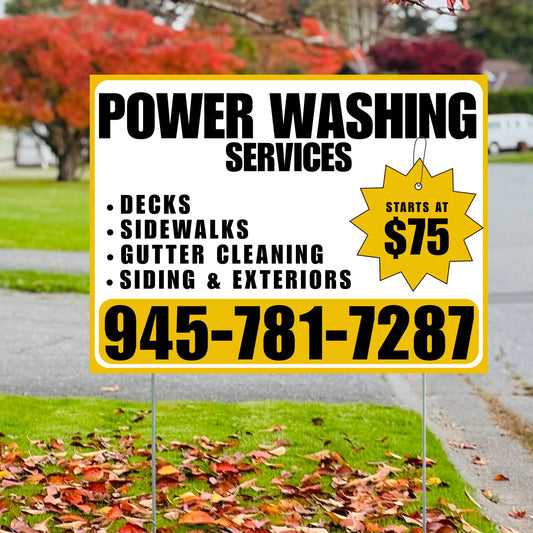Power Washing - Decks, Sidewalks, Siding, Gutter Cleaning and Exteriors with Price Tag - Plain Mustard Gold White Design YardSigns.com
