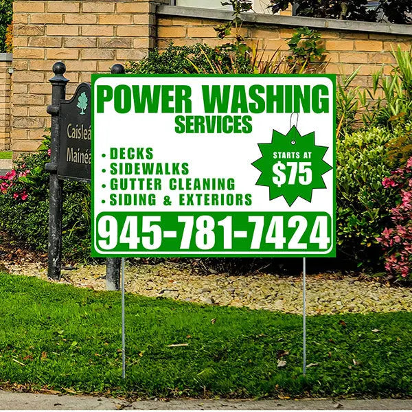 Power Washing - Decks, Sidewalks, Siding, Gutter Cleaning and Exteriors with Price Tag - Plain White Green Design YardSigns.com