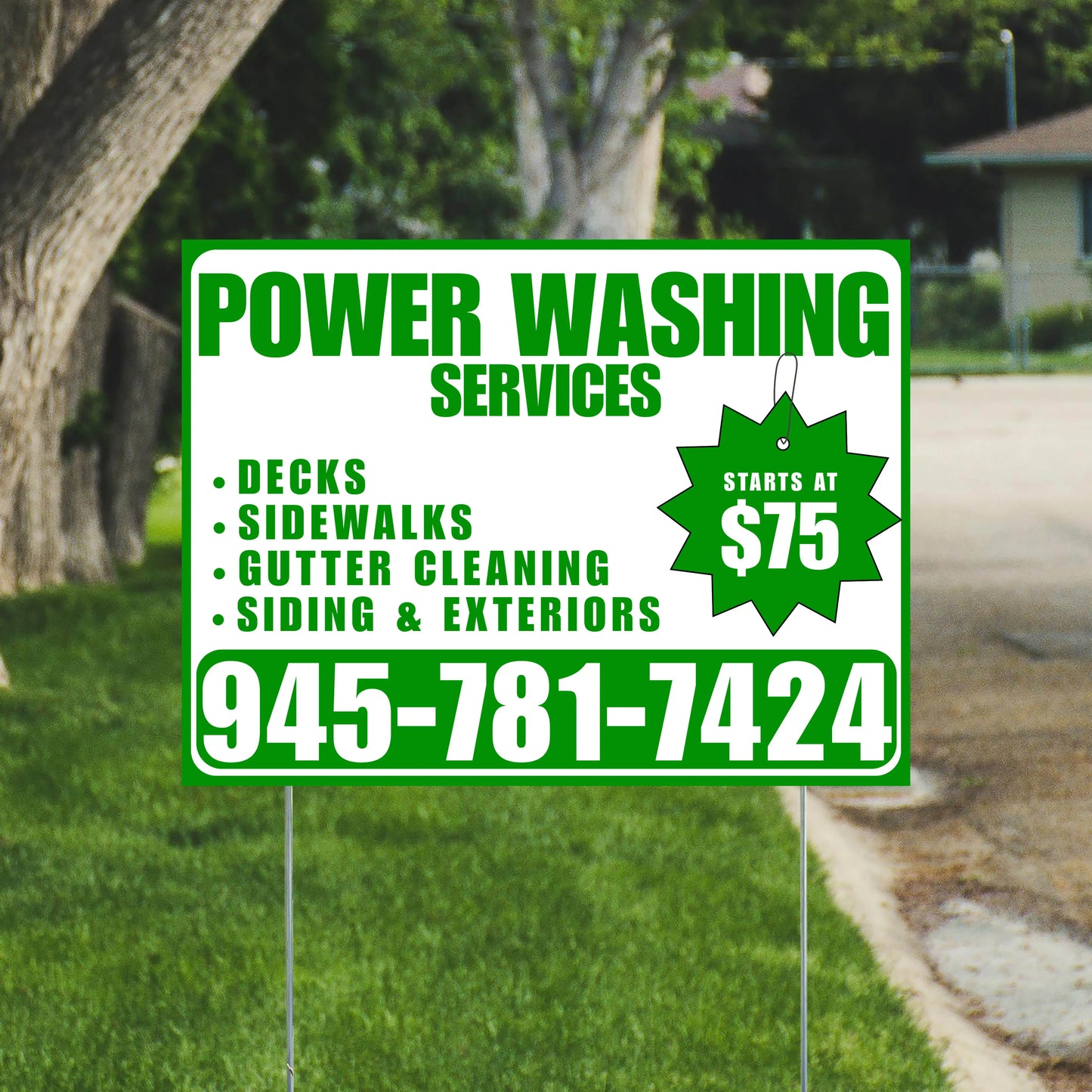 Power Washing - Decks, Sidewalks, Siding, Gutter Cleaning and Exteriors with Price Tag - Plain White Green Design YardSigns.com