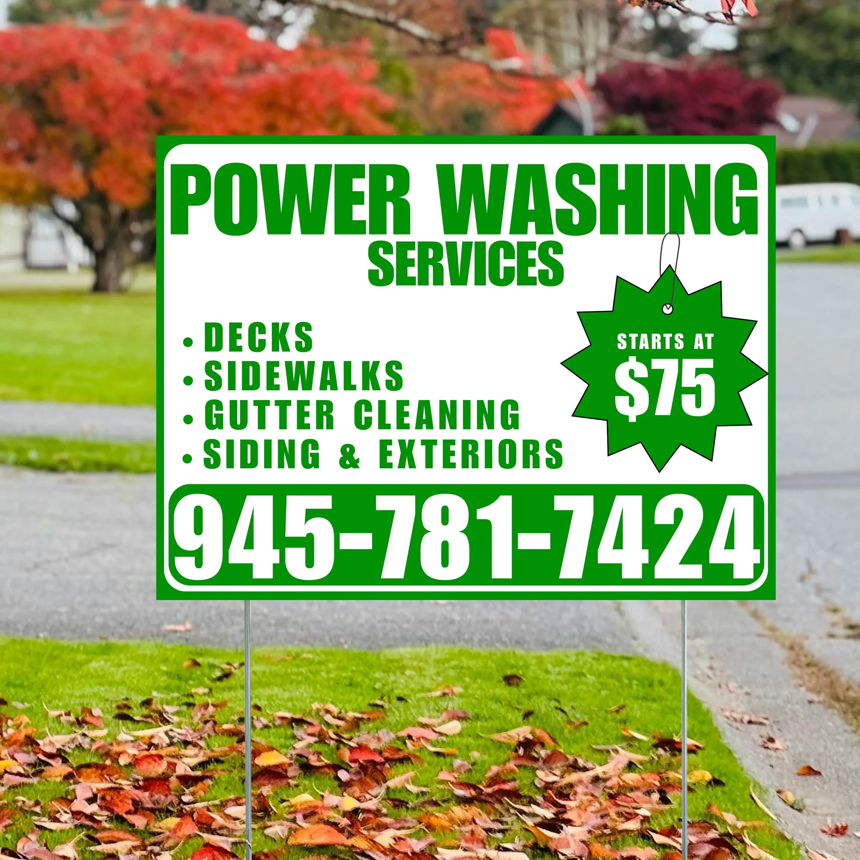 Power Washing - Decks, Sidewalks, Siding, Gutter Cleaning and Exteriors with Price Tag - Plain White Green Design YardSigns.com