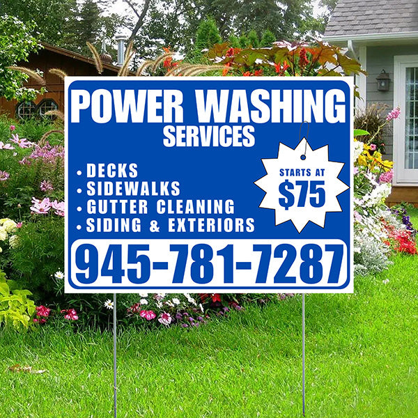 Power Washing - Decks, Sidewalks, Siding, Gutter Cleaning and Exteriors with Price Tag - Plain White Blue Design - YardSigns.com